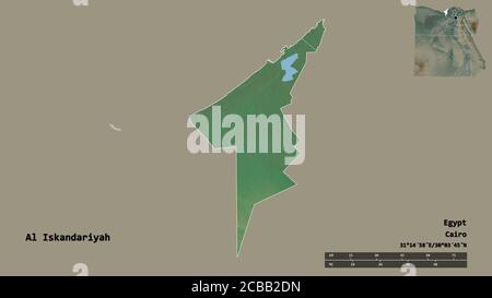 Forma di al Iskandariyah, governatorato d'Egitto, con la sua capitale isolata su solido sfondo. Scala della distanza, anteprima della regione ed etichette. Topografico Foto Stock