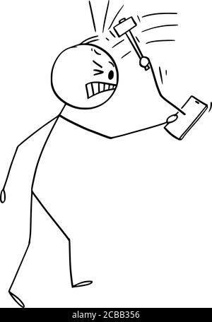 Vettore cartoon figura disegno disegno illustrazione concettuale di uomo o uomo d'affari che tiene il telefono cellulare, la mano che si stacca dal dispositivo lo batte con il martello. Illustrazione Vettoriale