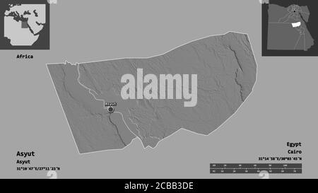 Forma di Asyut, governatorato d'Egitto, e la sua capitale. Scala della distanza, anteprime ed etichette. Mappa elevazione bilivello. Rendering 3D Foto Stock