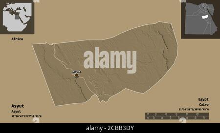 Forma di Asyut, governatorato d'Egitto, e la sua capitale. Scala della distanza, anteprime ed etichette. Mappa di elevazione colorata. Rendering 3D Foto Stock