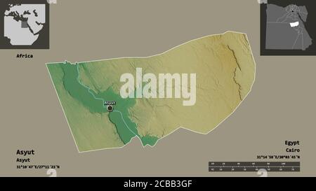 Forma di Asyut, governatorato d'Egitto, e la sua capitale. Scala della distanza, anteprime ed etichette. Mappa di rilievo topografico. Rendering 3D Foto Stock