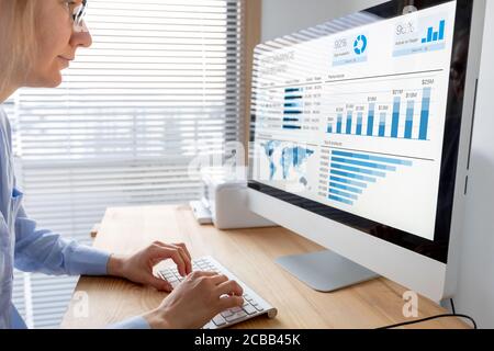 Manager che analizza i dati delle prestazioni sul dashboard con KPI e metriche. Analisi aziendale utilizzata nella gestione delle operazioni e delle vendite. Donna d'affari che lavora Foto Stock