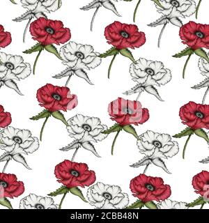 poppy flower sfondo senza cuciture, papaveri monocromatico e rosso design floreale per carta da parati, avvolgimento e tessuto, design in tessuto papavero vintage Foto Stock