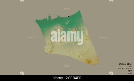 Area di Shamal Sina', governatorato d'Egitto, isolato su uno sfondo solido in una scatola di delimitazione georeferenziata. Etichette. Mappa di rilievo topografico. Rendering 3D Foto Stock