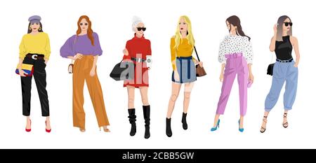 Set di donne vestite con abiti alla moda alla moda stile street Illustrazione Vettoriale