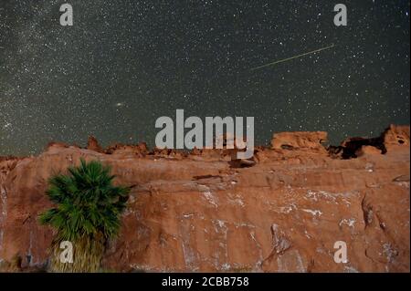 11 agosto 2020 - Gold Butte National Monument, Nevada, Stati Uniti - UNA meteora Perseide striscia attraverso il cielo sopra la piccola Finlandia, un altopiano di arenaria rossa e arancione che è stato pesantemente eroso in complesse e complesse formazioni rocciose il 11 agosto 2020. La mostra annuale, conosciuta come la doccia Perseidi perché le meteore sembrano irradiare dalla costellazione Perseo nel cielo nordorientale, è un risultato dell'orbita terrestre che passa attraverso i detriti della cometa Swift-Tuttle. Credit: ZUMA Press, Inc./Alamy Live News Foto Stock