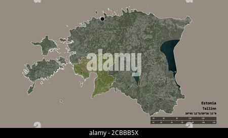 Forma desaturata dell'Estonia con la sua capitale, la principale divisione regionale e la zona separata di Pärnu. Etichette. Immagini satellitari. Rendering 3D Foto Stock