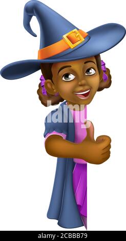 Black Girl Cartoon Bambino Halloween segno strega Illustrazione Vettoriale