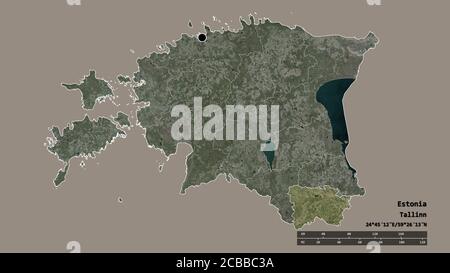 Forma desaturata dell'Estonia con la sua capitale, la principale divisione regionale e la zona separata di Võru. Etichette. Immagini satellitari. Rendering 3D Foto Stock