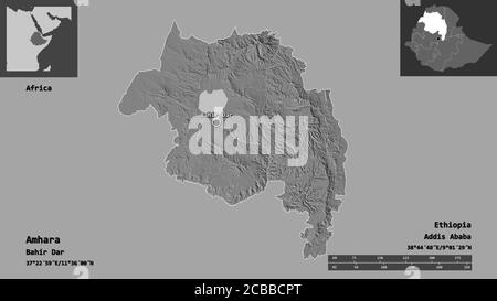 Forma di Amhara, stato dell'Etiopia, e la sua capitale. Scala della distanza, anteprime ed etichette. Mappa elevazione bilivello. Rendering 3D Foto Stock