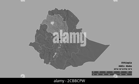 Forma desaturata dell'Etiopia con la sua capitale, la principale divisione regionale e la zona separata di Amhara. Etichette. Mappa elevazione bilivello. Rendering 3D Foto Stock