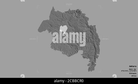 Area di Amhara, stato dell'Etiopia, isolata su uno sfondo solido in un rettangolo di selezione georeferenziato. Etichette. Mappa elevazione bilivello. Rendering 3D Foto Stock