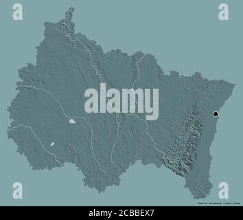 Forma del Grand Est, regione della Francia, con la sua capitale isolata su uno sfondo di colore pieno. Mappa di elevazione colorata. Rendering 3D Foto Stock