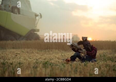 Uomo in immagine di stregone in cappello con orecchie di coniglio si siede vicino alla bambola tra il campo di grano ed esegue una magia rituale che tiene la vecchia macchina giocattolo nelle mani contro Foto Stock