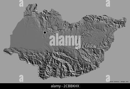 Forma di Imereti, regione della Georgia, con la sua capitale isolata su uno sfondo di colore pieno. Mappa elevazione bilivello. Rendering 3D Foto Stock