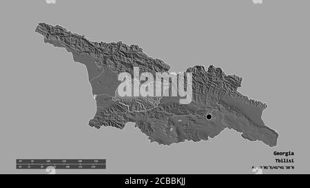 Forma desaturata della Georgia con la sua capitale, la principale divisione regionale e l'area separata di Imereti. Etichette. Mappa elevazione bilivello. Rendering 3D Foto Stock