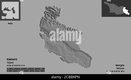 Forma di Kakheti, regione della Georgia, e la sua capitale. Scala della distanza, anteprime ed etichette. Mappa elevazione bilivello. Rendering 3D Foto Stock