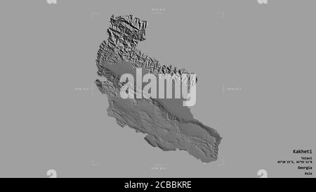 Area di Kakheti, regione della Georgia, isolata su uno sfondo solido in una scatola di delimitazione georeferenziata. Etichette. Mappa elevazione bilivello. Rendering 3D Foto Stock