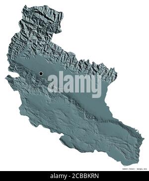 Forma di Kakheti, regione della Georgia, con la sua capitale isolata su sfondo bianco. Mappa di elevazione colorata. Rendering 3D Foto Stock