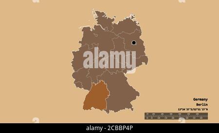 Forma desaturata della Germania con la sua capitale, la principale divisione regionale e l'area separata del Baden-Württemberg. Etichette. Composizione di textu modellato Foto Stock