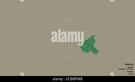 Zona di Amburgo, stato della Germania, isolata su uno sfondo solido in una scatola di delimitazione georeferenziata. Etichette. Mappa di rilievo topografico. Rendering 3D Foto Stock