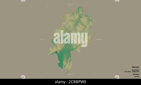 Area di Assia, stato della Germania, isolata su uno sfondo solido in un rettangolo di selezione georeferenziato. Etichette. Mappa di rilievo topografico. Rendering 3D Foto Stock