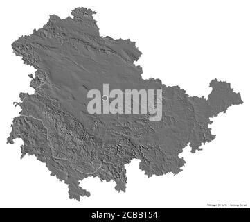 Forma di Thüringen, stato della Germania, con la sua capitale isolata su sfondo bianco. Mappa elevazione bilivello. Rendering 3D Foto Stock