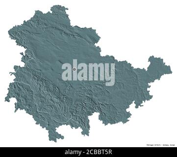 Forma di Thüringen, stato della Germania, con la sua capitale isolata su sfondo bianco. Mappa di elevazione colorata. Rendering 3D Foto Stock