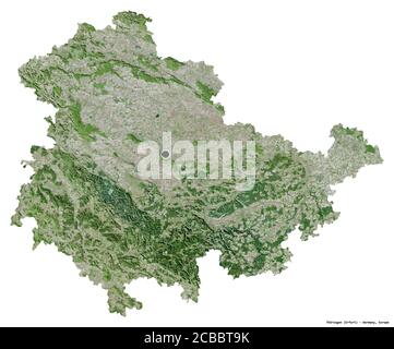 Forma di Thüringen, stato della Germania, con la sua capitale isolata su sfondo bianco. Immagini satellitari. Rendering 3D Foto Stock