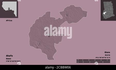 Forma di Ahafo, regione del Ghana, e la sua capitale. Scala della distanza, anteprime ed etichette. Mappa di elevazione colorata. Rendering 3D Foto Stock