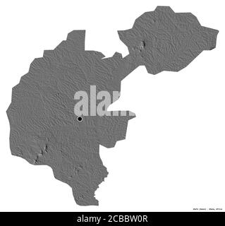 Forma di Ahafo, regione del Ghana, con la sua capitale isolata su sfondo bianco. Mappa elevazione bilivello. Rendering 3D Foto Stock