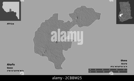 Forma di Ahafo, regione del Ghana, e la sua capitale. Scala della distanza, anteprime ed etichette. Mappa elevazione bilivello. Rendering 3D Foto Stock