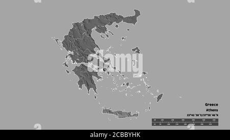 Forma desaturata della Grecia con la sua capitale, la principale divisione regionale e la zona separata di Creta. Etichette. Mappa elevazione bilivello. Rendering 3D Foto Stock