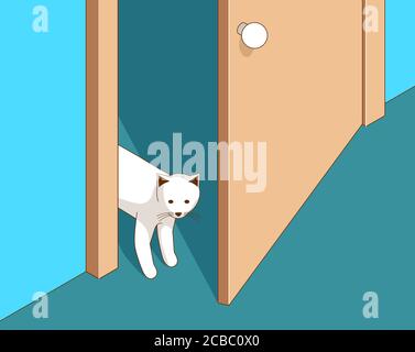 Il gatto curioso apre la porta e guarda dentro Illustrazione Vettoriale