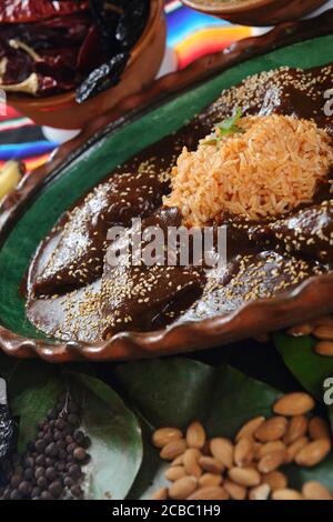 Primo piano di delizioso pollo coperto in salsa a talpa con riso intorno a noci, cioccolato e spezie Foto Stock