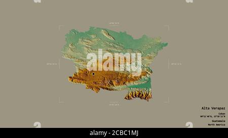 Area dell'alta Verapaz, dipartimento del Guatemala, isolata su uno sfondo solido in una scatola di delimitazione georeferenziata. Etichette. Mappa di rilievo topografico. 3D rend Foto Stock