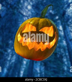 Zucca di Halloween con fiamma all'interno su sfondo offuscato astratto Foto Stock