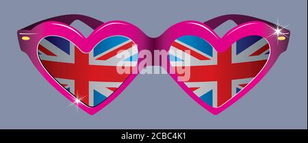 Occhiali da sole sotto forma di cuore con la bandiera del Regno Unito, illustrazione per presentazioni, inviti. Illustrazione Vettoriale