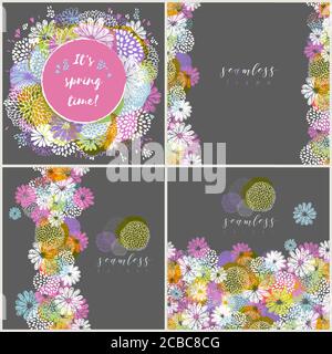 Set di vettoriali senza giunture con fiori di doodle. Illustrazione Vettoriale