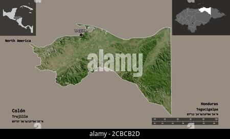 Forma di Colón, dipartimento dell'Honduras, e la sua capitale. Scala della distanza, anteprime ed etichette. Immagini satellitari. Rendering 3D Foto Stock