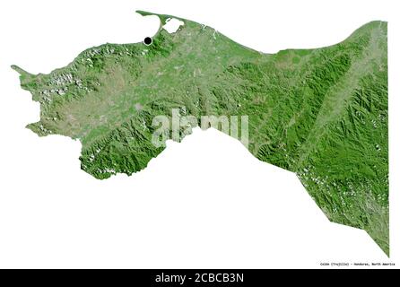 Forma di Colón, dipartimento dell'Honduras, con la sua capitale isolata su sfondo bianco. Immagini satellitari. Rendering 3D Foto Stock