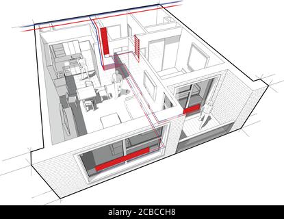 Schema in prospettiva in sezione di un appartamento con una camera da letto completamente arredato con riscaldamento del radiatore dell'acqua calda e tubi di riscaldamento centralizzati Illustrazione Vettoriale