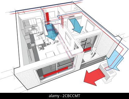 Schema in prospettiva in sezione di un appartamento con una camera da letto completamente arredato con riscaldamento del radiatore dell'acqua calda e tubi di riscaldamento centralizzati Illustrazione Vettoriale