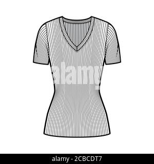 Maglia con collo a V a coste illustrazione tecnica moda con maniche a costoletta corta, lunghezza tunic. Modello di abbigliamento da outwear piatto, colore bianco. Donna, uomo, maglia unisex top mockup CAD Illustrazione Vettoriale