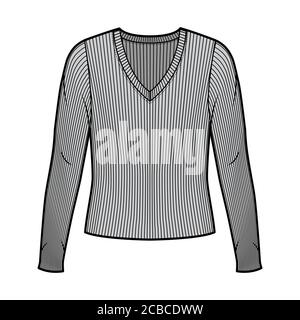 Maglia con collo a V a coste illustrazione tecnica della moda a maniche lunghe, corpo oversize. Modello di outwear piatto di colore grigio anteriore. Donna uomo maglia unisex top mockup CAD Illustrazione Vettoriale