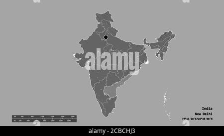 La forma desaturata dell'India con la sua capitale, la principale divisione regionale e la zona separata di Andhra Pradesh. Etichette. Mappa elevazione bilivello. Rendering 3D Foto Stock