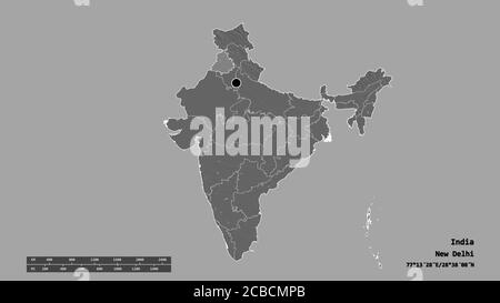 La forma desaturata dell'India con la sua capitale, la principale divisione regionale e l'area separata del Punjab. Etichette. Mappa elevazione bilivello. Rendering 3D Foto Stock