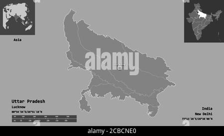 Forma di Uttar Pradesh, stato dell'India, e la sua capitale. Scala della distanza, anteprime ed etichette. Mappa elevazione bilivello. Rendering 3D Foto Stock