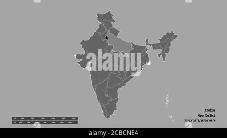 La forma desaturata dell'India con la sua capitale, la principale divisione regionale e l'area separata di Uttar Pradesh. Etichette. Mappa elevazione bilivello. Rendering 3D Foto Stock