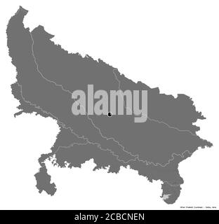 Forma di Uttar Pradesh, stato dell'India, con la sua capitale isolata su sfondo bianco. Mappa elevazione bilivello. Rendering 3D Foto Stock